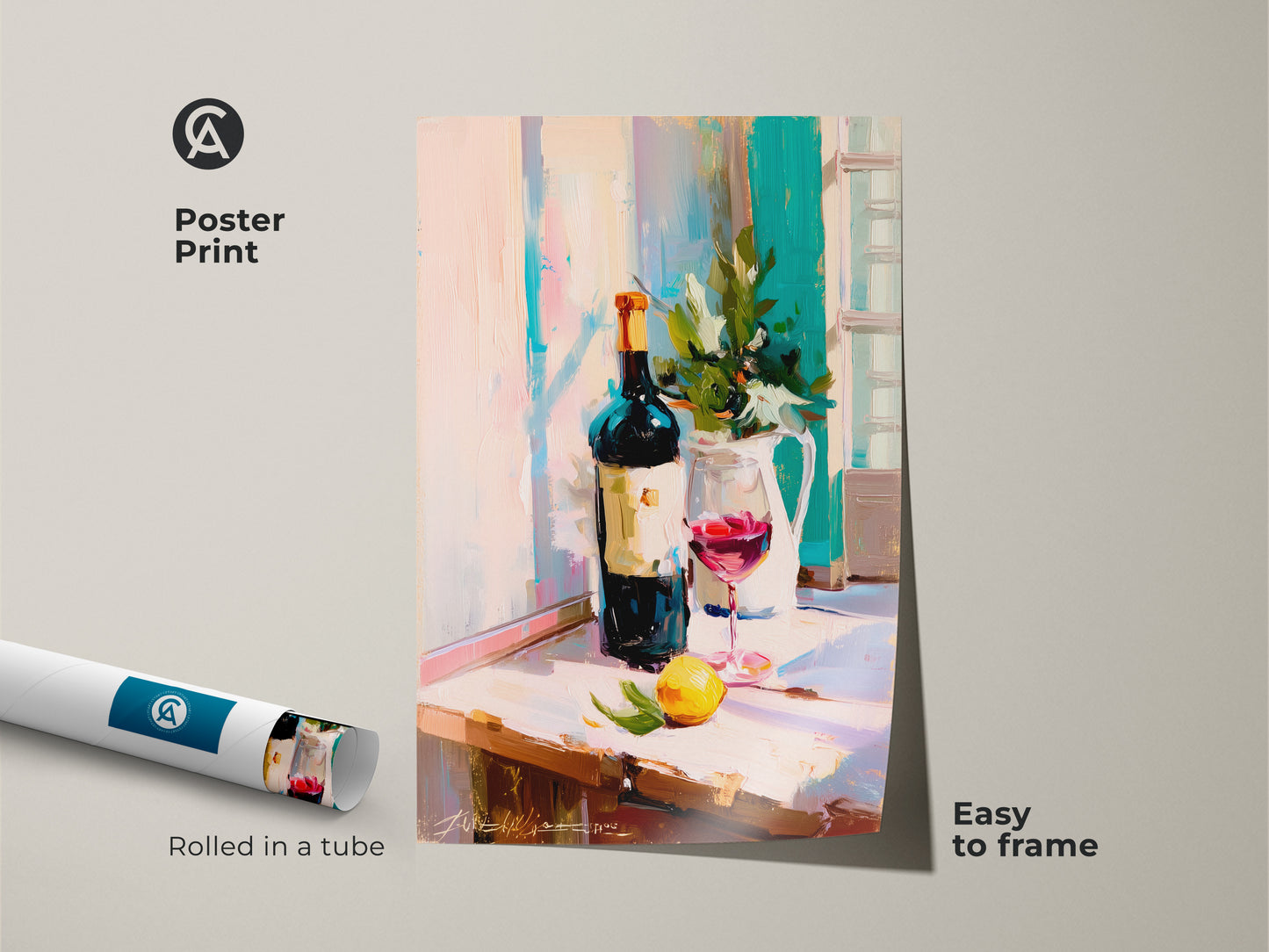 Impressionist wine art is presented as a poster print. The red wine glass print is easy to frame. This kitchen wall art decor showcases a contemporary still life of a painterly wine bottle. The print is ideal as a housewarming gift art. Enhance your bar area wall hanging with this food and drink artwork. Perfect for wine lovers.