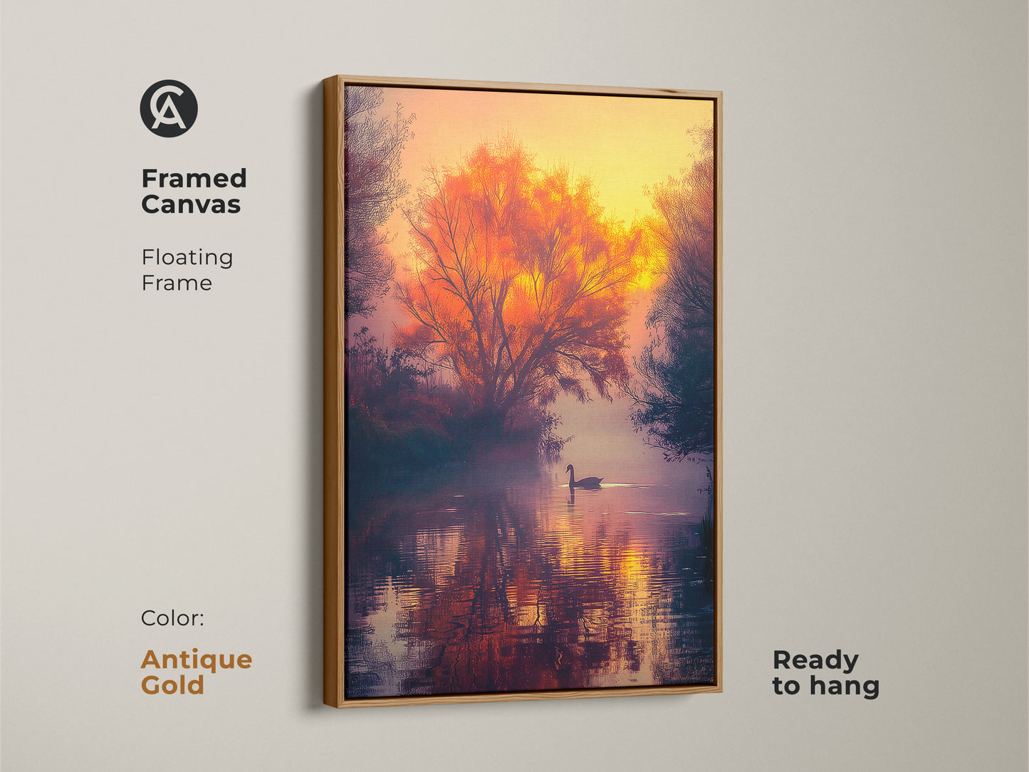 Antique gold framed canvas art print. A lone swan swims on the water. An orange tree is reflecting on the lake. Ready to hang. Find framed art prints in various colors to match your style.
