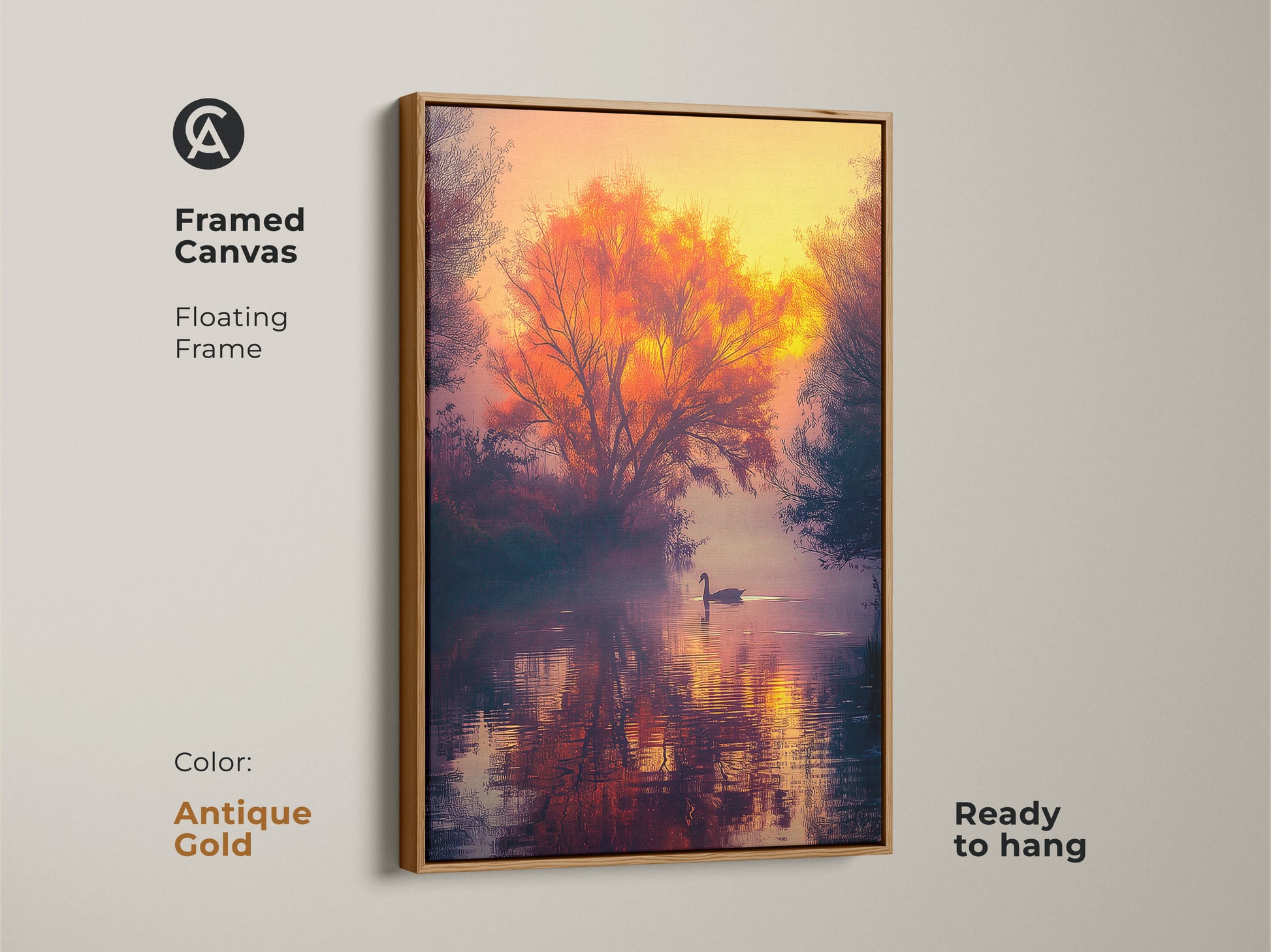 Antique gold framed canvas art print. A lone swan swims on the water. An orange tree is reflecting on the lake. Ready to hang. Find framed art prints in various colors to match your style.