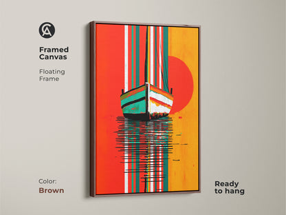 Framed canvas in a floating brown frame shows abstract seascape artwork. This nautical sailboat sunset art features orange yellow and teal. This coastal art is ready to hang.