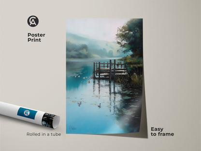 This poster print features a tranquil lake landscape with geese and a rustic dock. The nature scenery canvas is easy to frame and arrives rolled in a tube. The teal blue green art brings a peaceful outdoor aesthetic to any space. Ideal for nature lovers seeking serene wall decor.