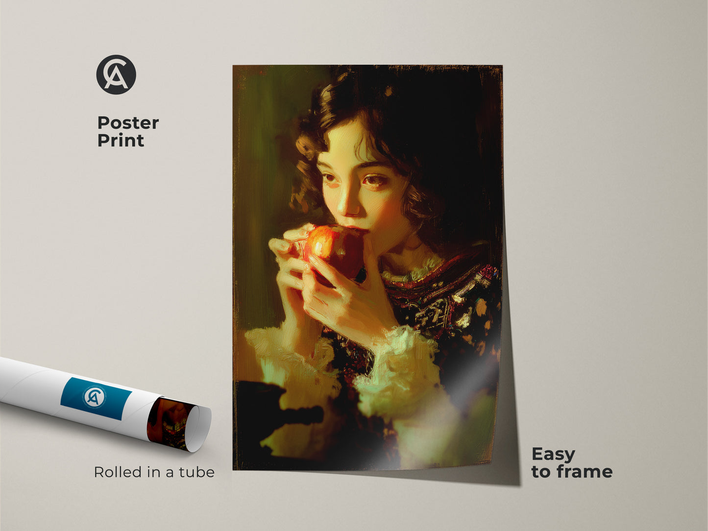 Poster print of a classical realism girl art piece. The artwork depicts a girl eating an apple. Rolled in a tube and easy to frame. Chiaroscuro lighting and rich color still life. A perfect traditional art print gift for home. Enhances any wall with old masters style.