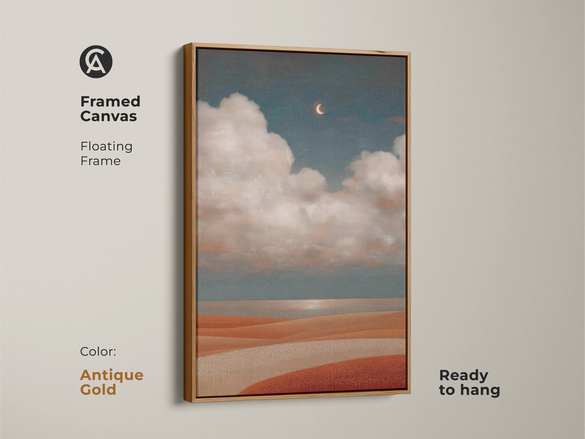 Artistic cloudscape canvas displaying a surreal landscape. This boho celestial art piece includes a crescent moon artwork. The terracotta teal tones create serene sky wall decor.
