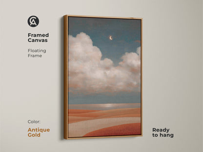 Artistic cloudscape canvas displaying a surreal landscape. This boho celestial art piece includes a crescent moon artwork. The terracotta teal tones create serene sky wall decor.