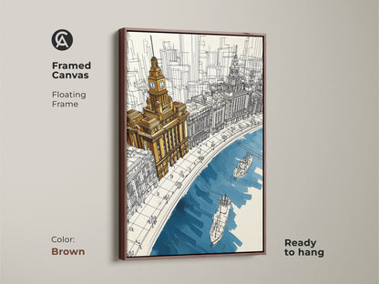 Framed canvas of a cityscape with a brown floating frame. The line art showcases a clock tower and river boats in golden yellow and deep blue. This architectural art is ready to hang.