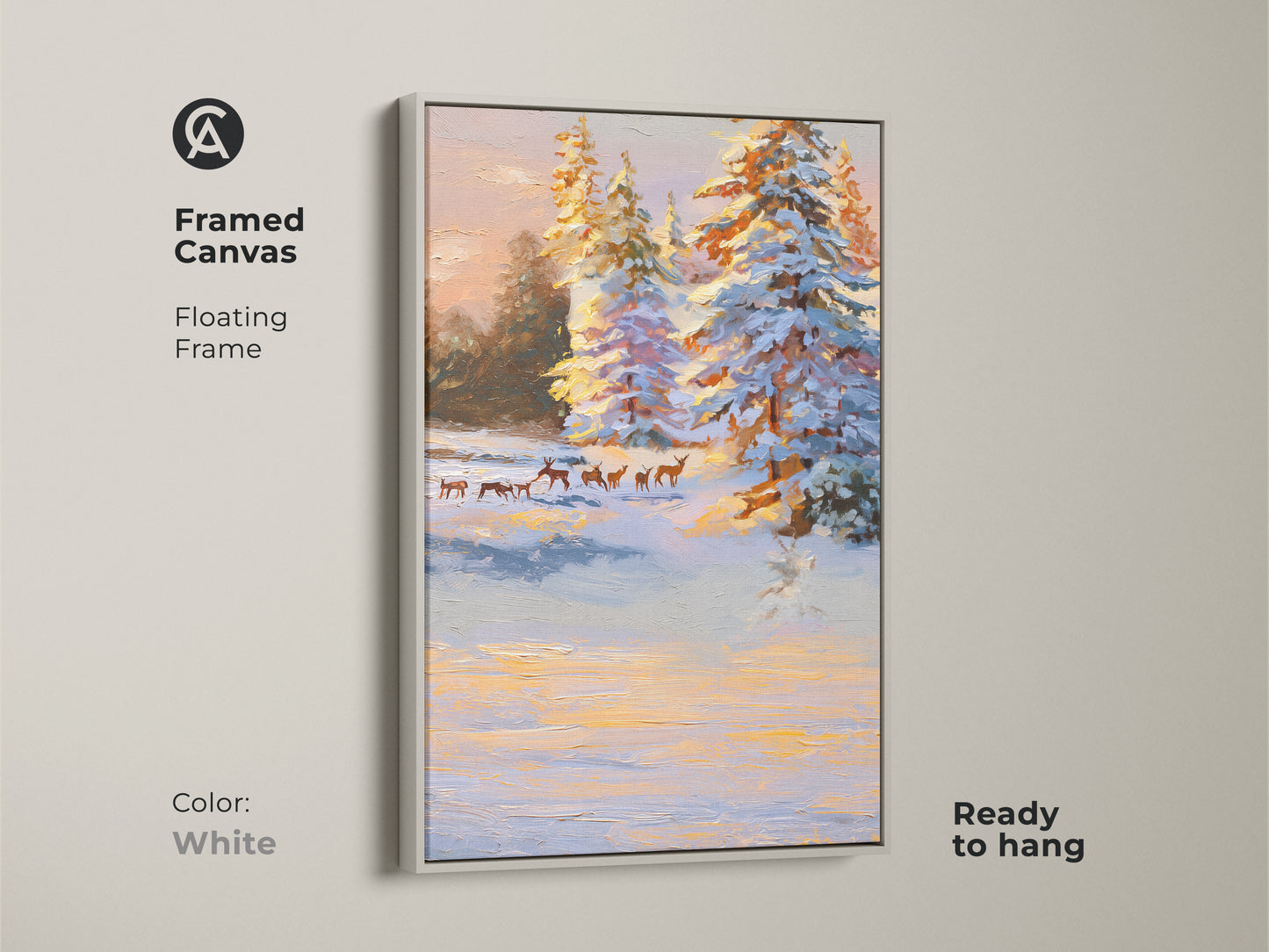 A framed canvas print of a peaceful winter landscape. The artwork displays deer and snowy pine trees. The white floating frame offers a clean look. This ready to hang nature artwork brings a serene touch to your home.