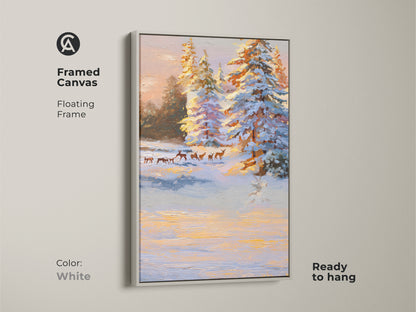 A framed canvas print of a peaceful winter landscape. The artwork displays deer and snowy pine trees. The white floating frame offers a clean look. This ready to hang nature artwork brings a serene touch to your home.