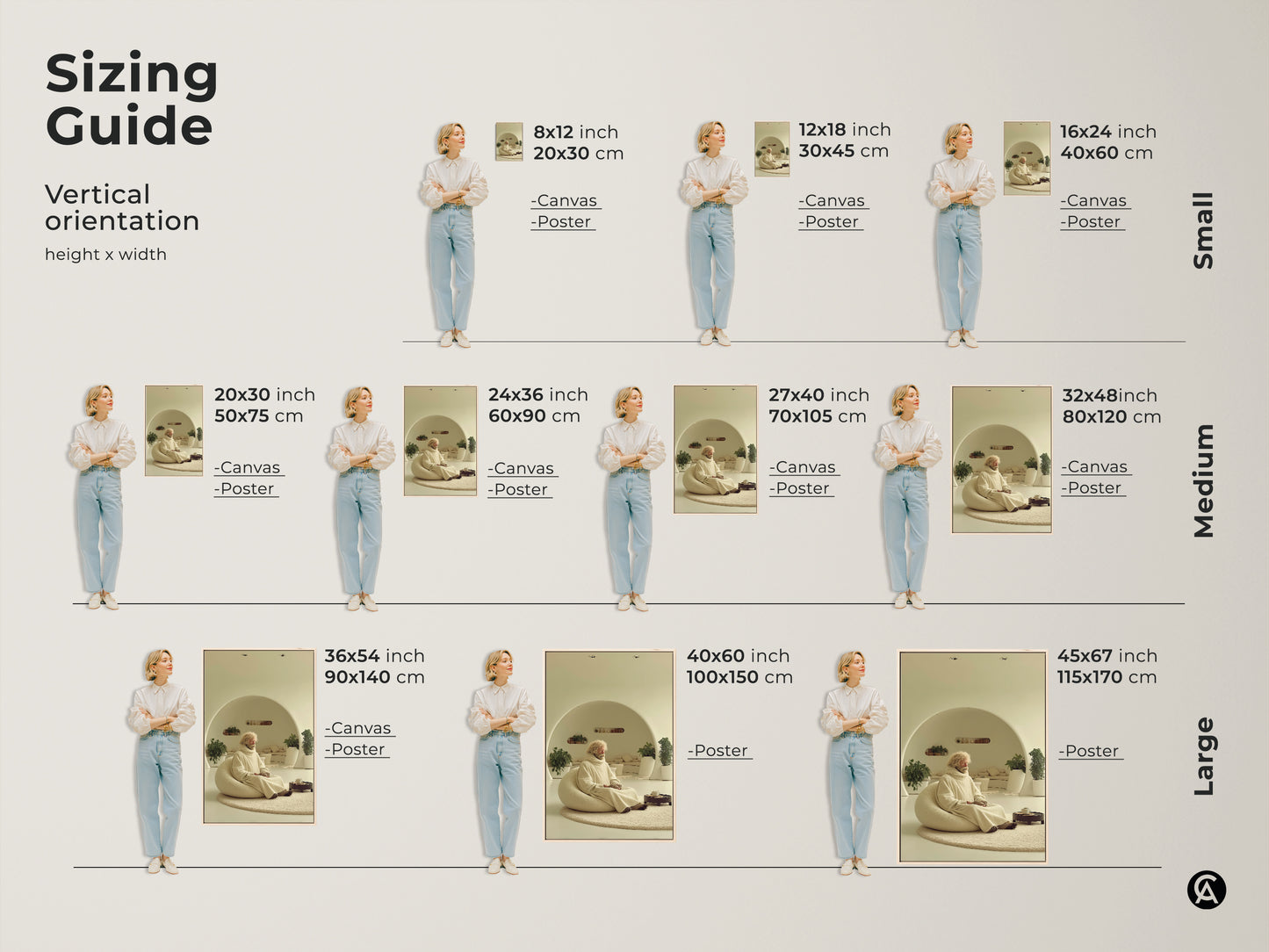 This sizing guide shows vertical art print orientations. See how the artwork of the meditating elderly man looks in small medium and large sizes. Various canvas and poster sizes are available for beige cream wall decor. The minimalist art offers zen figure wall art for any space