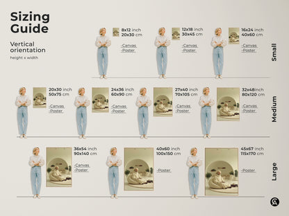 This sizing guide shows vertical art print orientations. See how the artwork of the meditating elderly man looks in small medium and large sizes. Various canvas and poster sizes are available for beige cream wall decor. The minimalist art offers zen figure wall art for any space