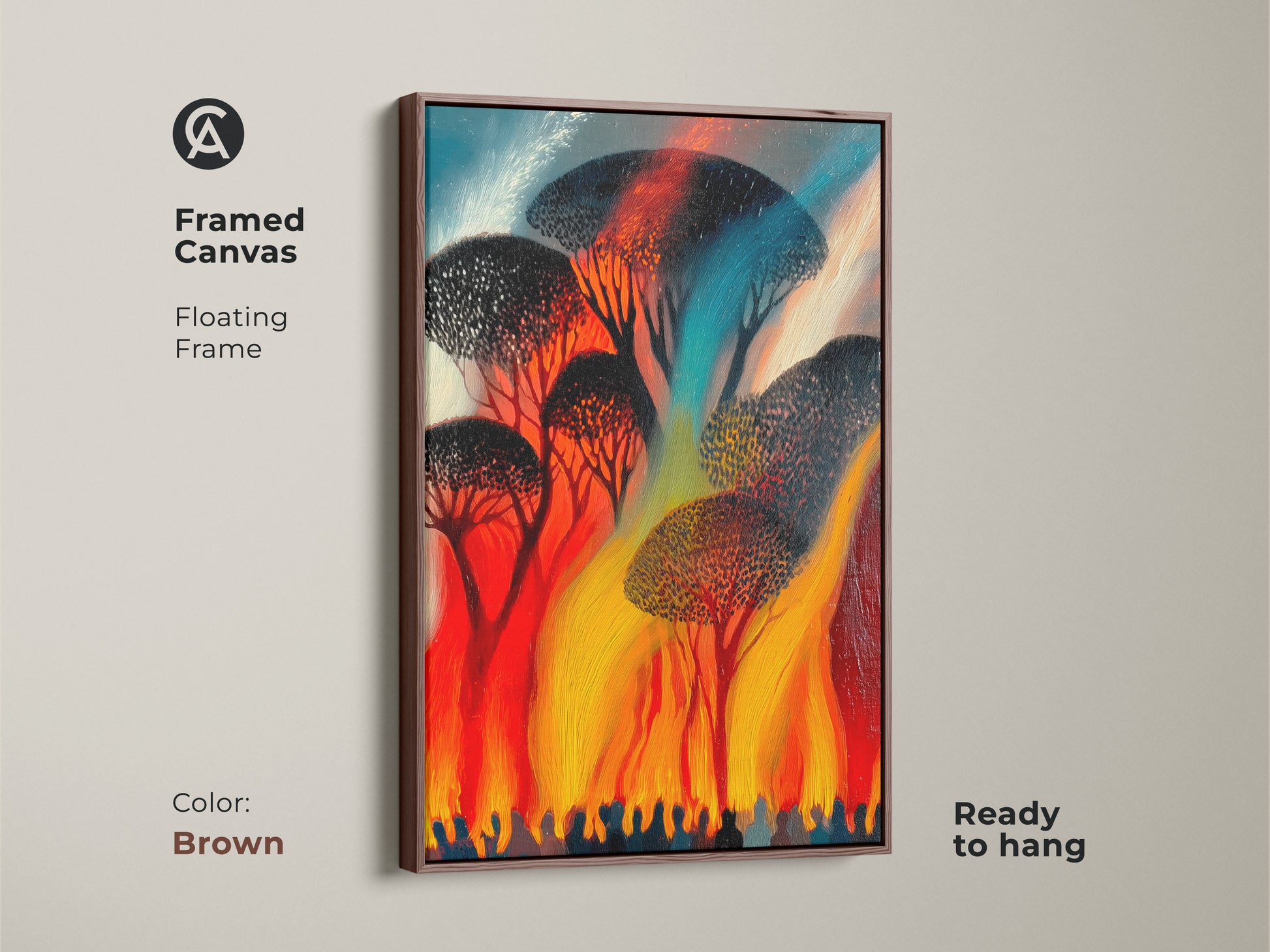 Framed canvas with a brown floating frame displaying flame inspired abstract trees. This red orange yellow art piece is ready to hang. Add an expressionist nature canvas to any room.