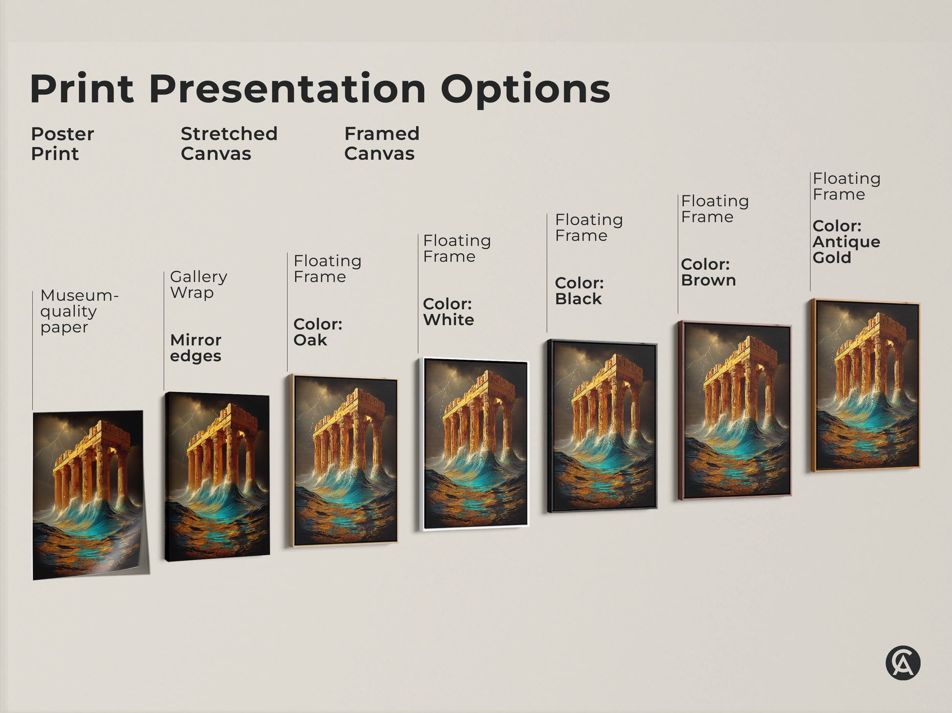 Print presentation options for stormy sea Greek temple artwork. Choose between poster prints stretched canvas and framed canvas. Select from floating frame colors like black brown antique gold and white. Find the perfect option for eclectic home decor.