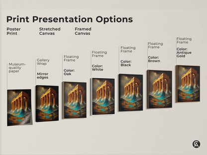 Print presentation options for stormy sea Greek temple artwork. Choose between poster prints stretched canvas and framed canvas. Select from floating frame colors like black brown antique gold and white. Find the perfect option for eclectic home decor.