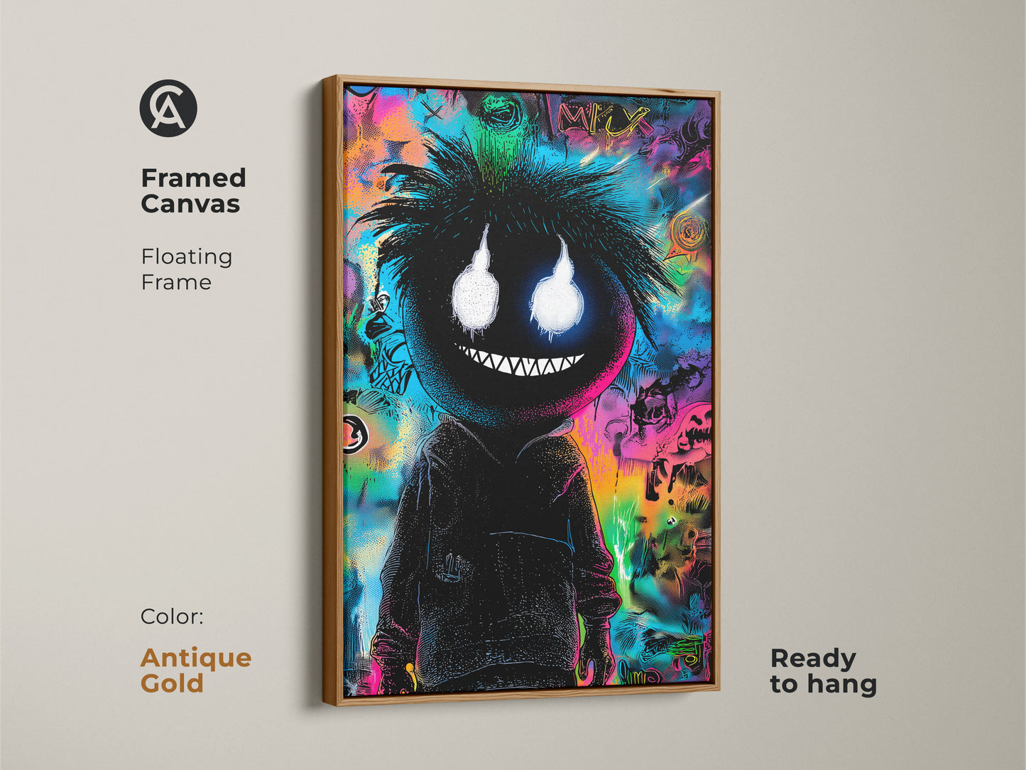 Framed canvas print with a black figure and glowing eyes set against graffiti artwork. It has a floating antique gold frame. This ready-to-hang artwork adds sophistication. The art is displayed in a frame.