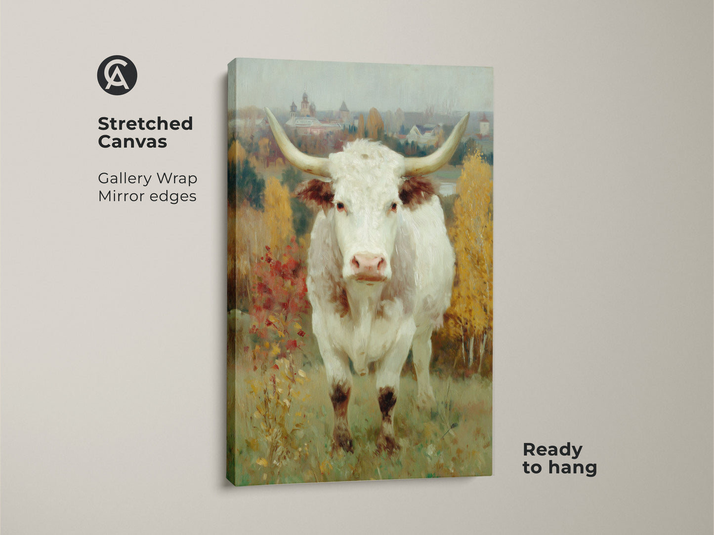 Gallery wrapped canvas art featuring a longhorn cow. This stretched canvas showcases the fine details of the original artwork. Ready to hang this mirror edged canvas adds a sophisticated touch to your home decor.