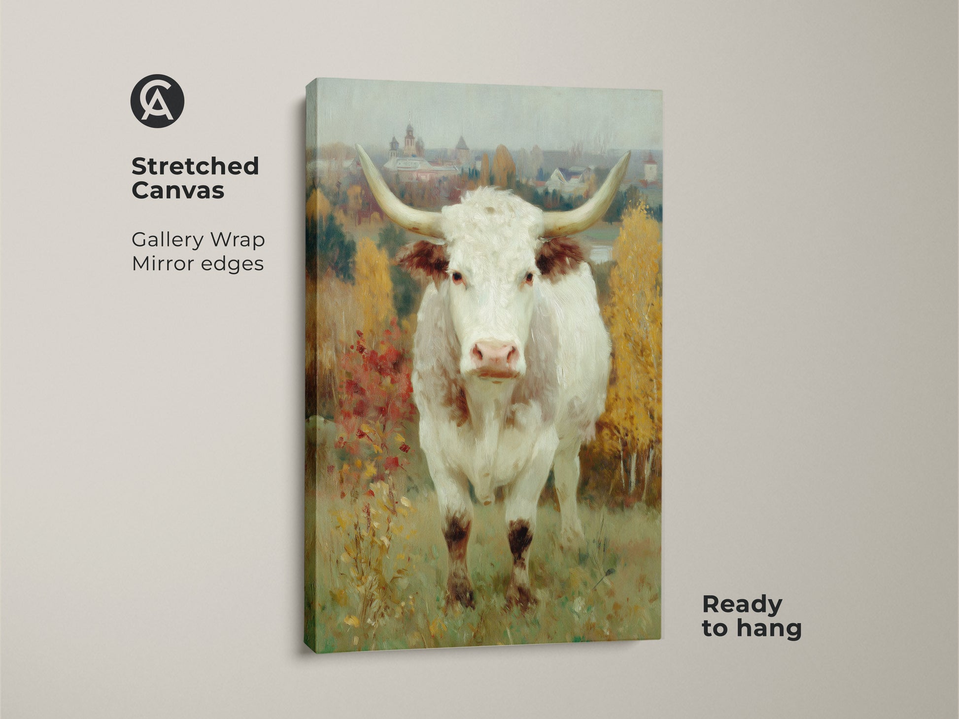 Gallery wrapped canvas art featuring a longhorn cow. This stretched canvas showcases the fine details of the original artwork. Ready to hang this mirror edged canvas adds a sophisticated touch to your home decor.