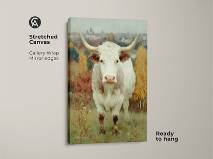 Gallery wrapped canvas art featuring a longhorn cow. This stretched canvas showcases the fine details of the original artwork. Ready to hang this mirror edged canvas adds a sophisticated touch to your home decor.
