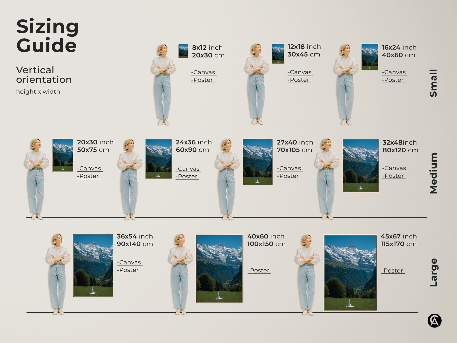 Discover the perfect size for your Swiss Alps canvas or poster art. Vertical orientations range from small to large. See a woman comparing sizes next to snowy mountains and a green meadow. Transform your space with travel wall decor. This photorealistic artwork will add a touch of Scandinavian to any home. Perfect gift for nature lovers