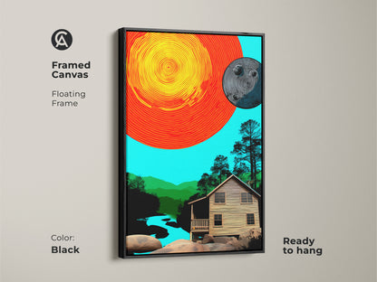 Black framed canvas showcasing abstract sun and moon art over a cabin landscape. Floating frame adds modern touch to this orange yellow and teal nature wall hanging. Ready to hang this eclectic home accent is nature inspired art. A artistic scenic print.