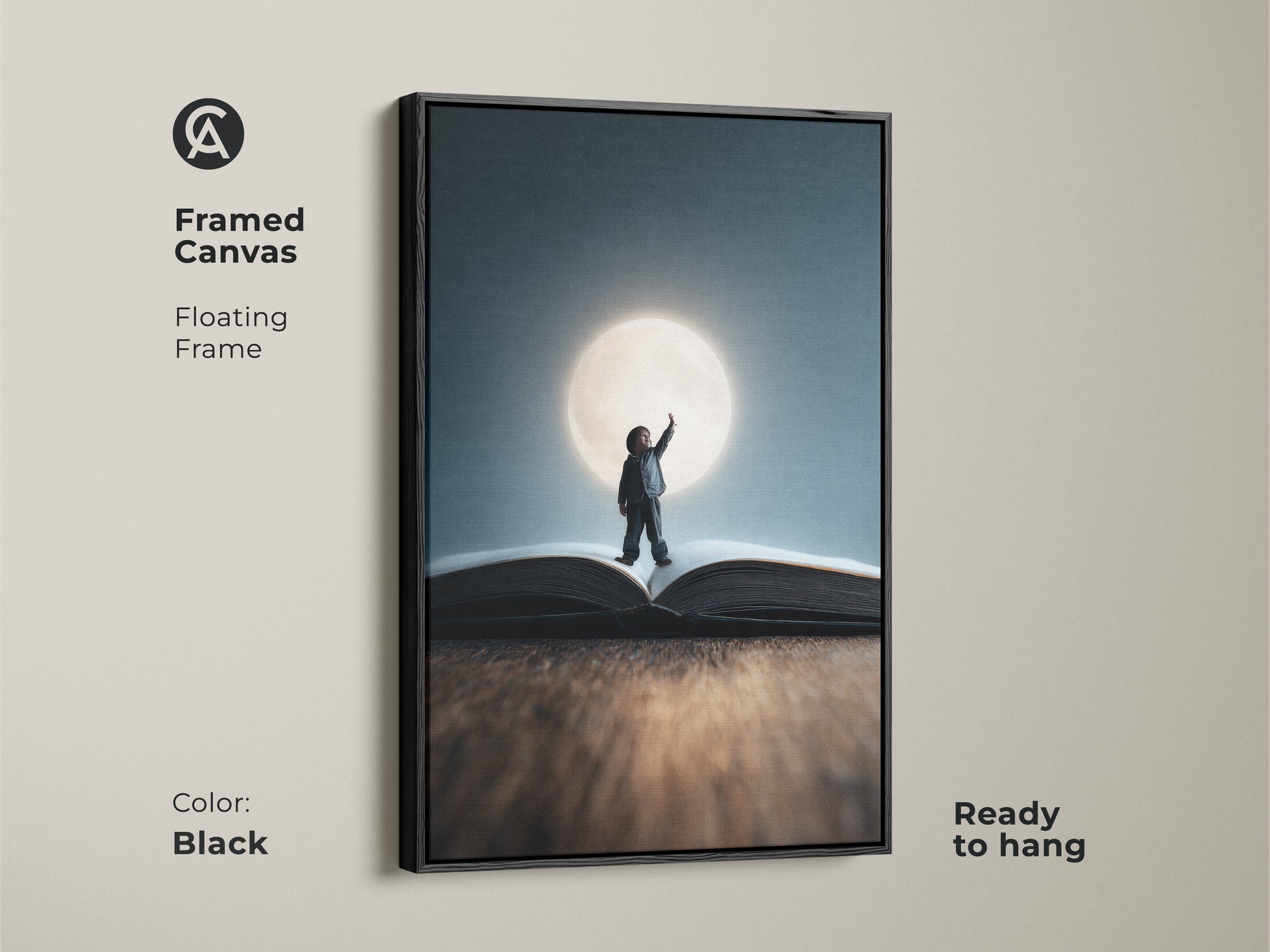 Framed canvas with a floating black frame featuring surreal art. A child reaches for the moon while standing on an open book. This conceptual artwork is ready to hang and perfect for a nursery.