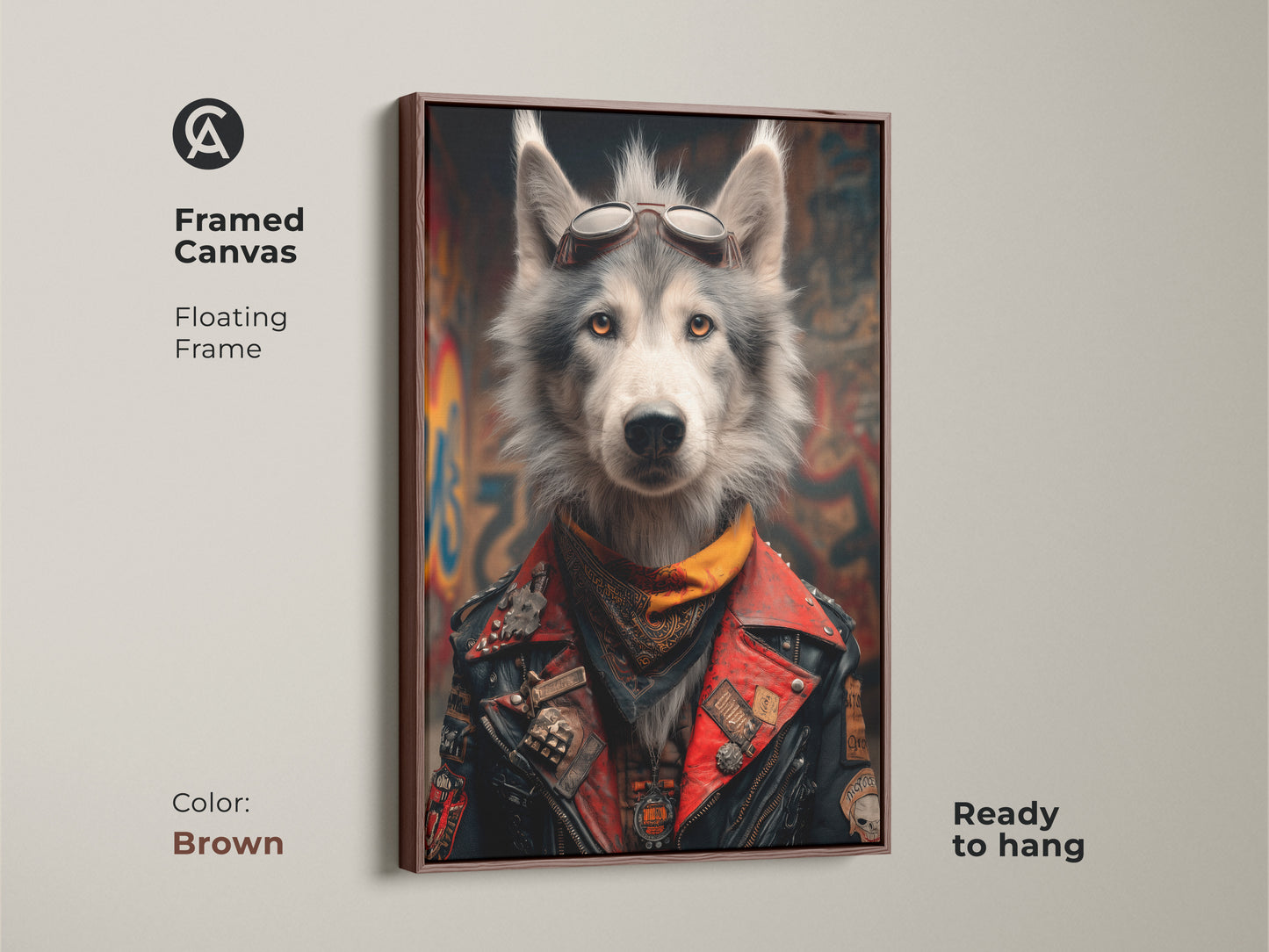Enhance your space with this framed canvas artwork. This Biker Wolf art in a brown floating frame is ready to hang. The wolf in aviator goggles and a red biker jacket adds an eclectic touch. Ideal motorcycle enthusiast decor for a man cave. This piece makes a unique biker gift