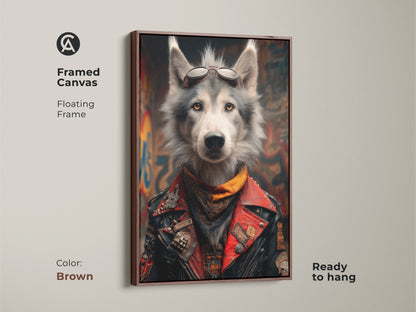 Enhance your space with this framed canvas artwork. This Biker Wolf art in a brown floating frame is ready to hang. The wolf in aviator goggles and a red biker jacket adds an eclectic touch. Ideal motorcycle enthusiast decor for a man cave. This piece makes a unique biker gift