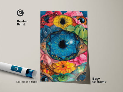 A poster print displays surreal eyes botanical art. The psychedelic lotus succulent canvas features blue yellow emerald green tones. Rolled in a tube it’s easy to frame for any space. This abstract eye floral artwork is perfect for unique wall hanging art.
