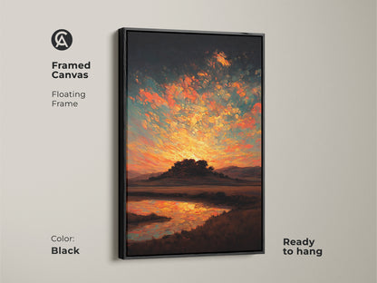 Framed canvas of a sunset hill and water artwork. The floating frame is black. Ready to hang. The impressionistic art print uses orange yellow and teal nature colors.