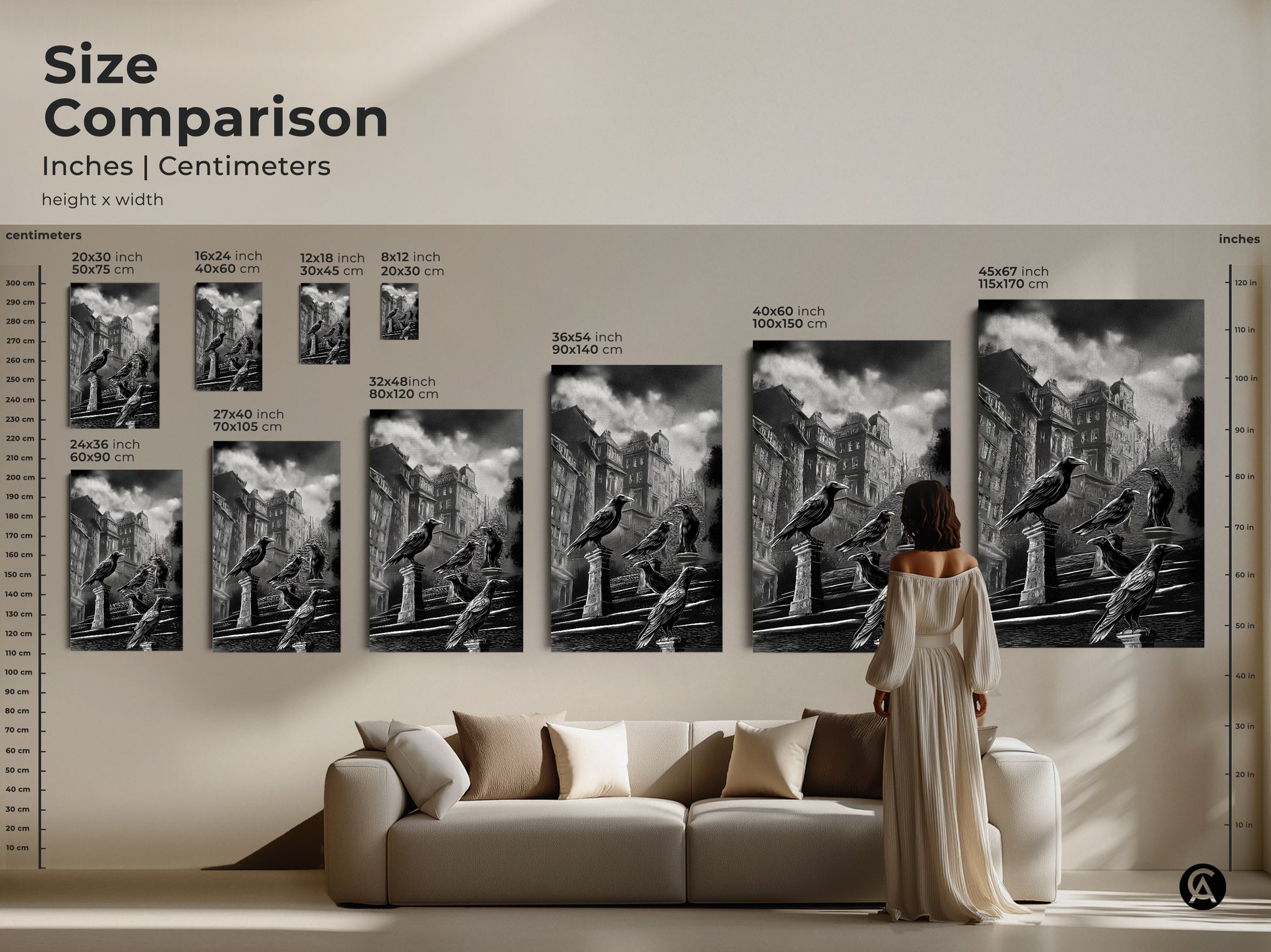 Size comparison of gothic crow art prints in inches and centimeters. See how the dark academia cityscape wall art fits above a sofa. Choose from various sizes of this black and white urban architecture canvas. A gothic literature fan gift with a raven perched on building art. Elevate your space with gothic wall decor. Perfect for dark academia study decor.