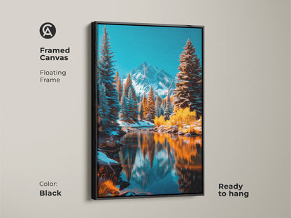 Framed canvas art showcasing a winter mountain scene. The floating frame is black. The canvas is ready to hang. The artwork captures a serene mountain landscape with snow covered peaks and a reflective lake.