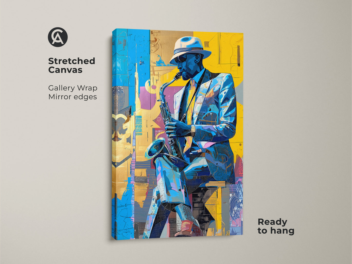 Stretched canvas print of a saxophone player. The art has gallery wrapped edges. A ready to hang vibrant artwork. It is a colorful jazz art piece. The canvas adds depth and texture to the artwork.