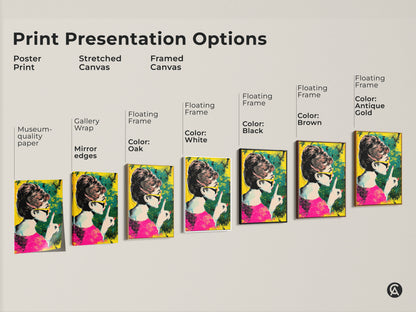 Print presentation options featuring an Audrey Hepburn retro pop art. Available as a poster print stretched canvas and framed canvas. Multiple floating frame colors are available. Museum-quality paper and mirror edges.
