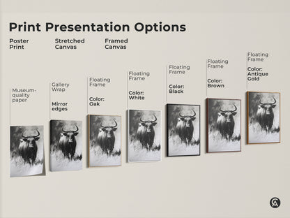 Explore various print presentation options. See the buffalo charcoal sketch as a poster print or stretched canvas. Framed canvas options are available. Choose black brown oak antique gold or white frames.