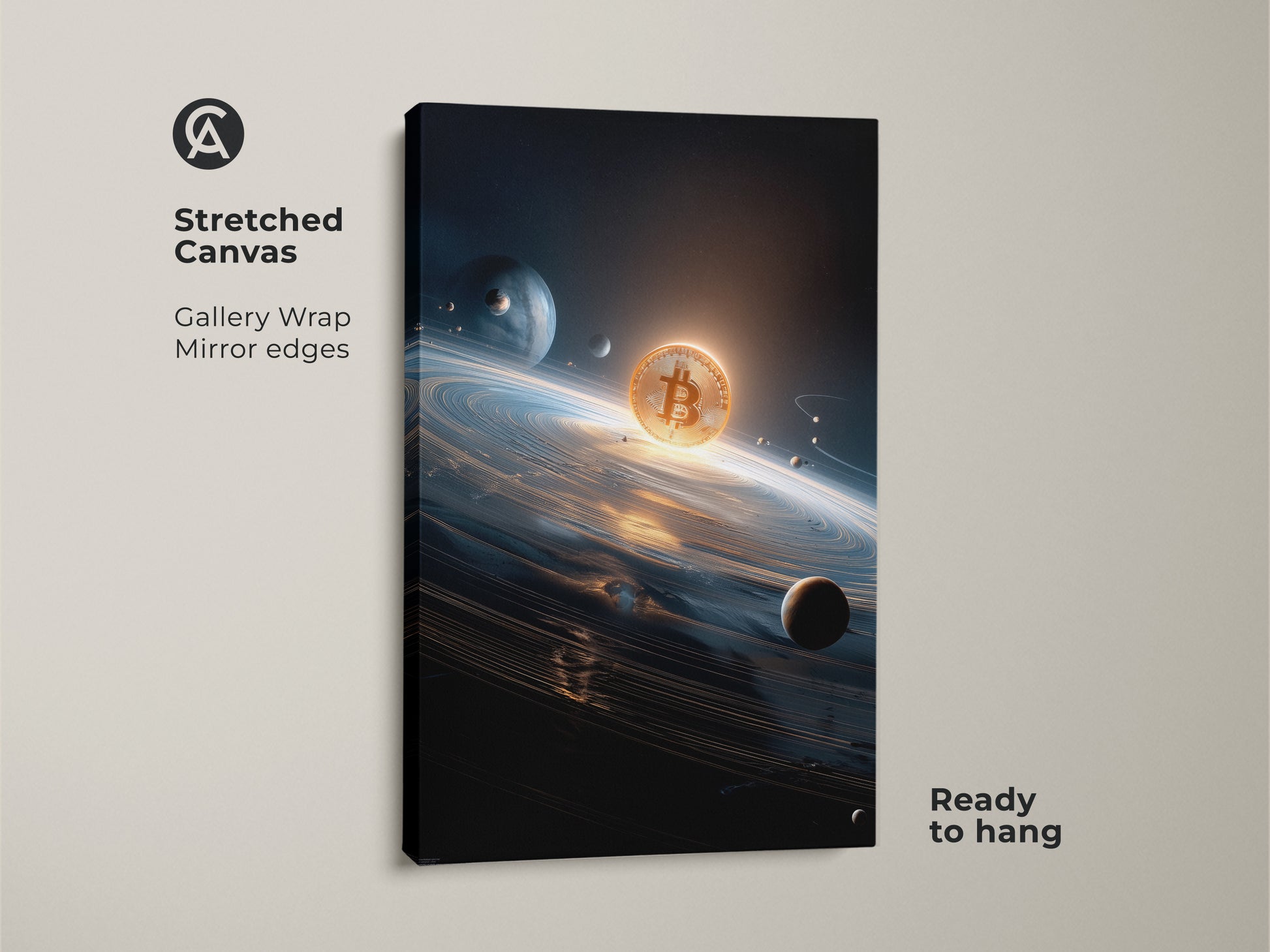 Bitcoin art on stretched canvas. This gallery wrapped canvas has mirror edges. The artwork depicts a Bitcoin floating in space among planets. Buy this ready to hang crypto art today.