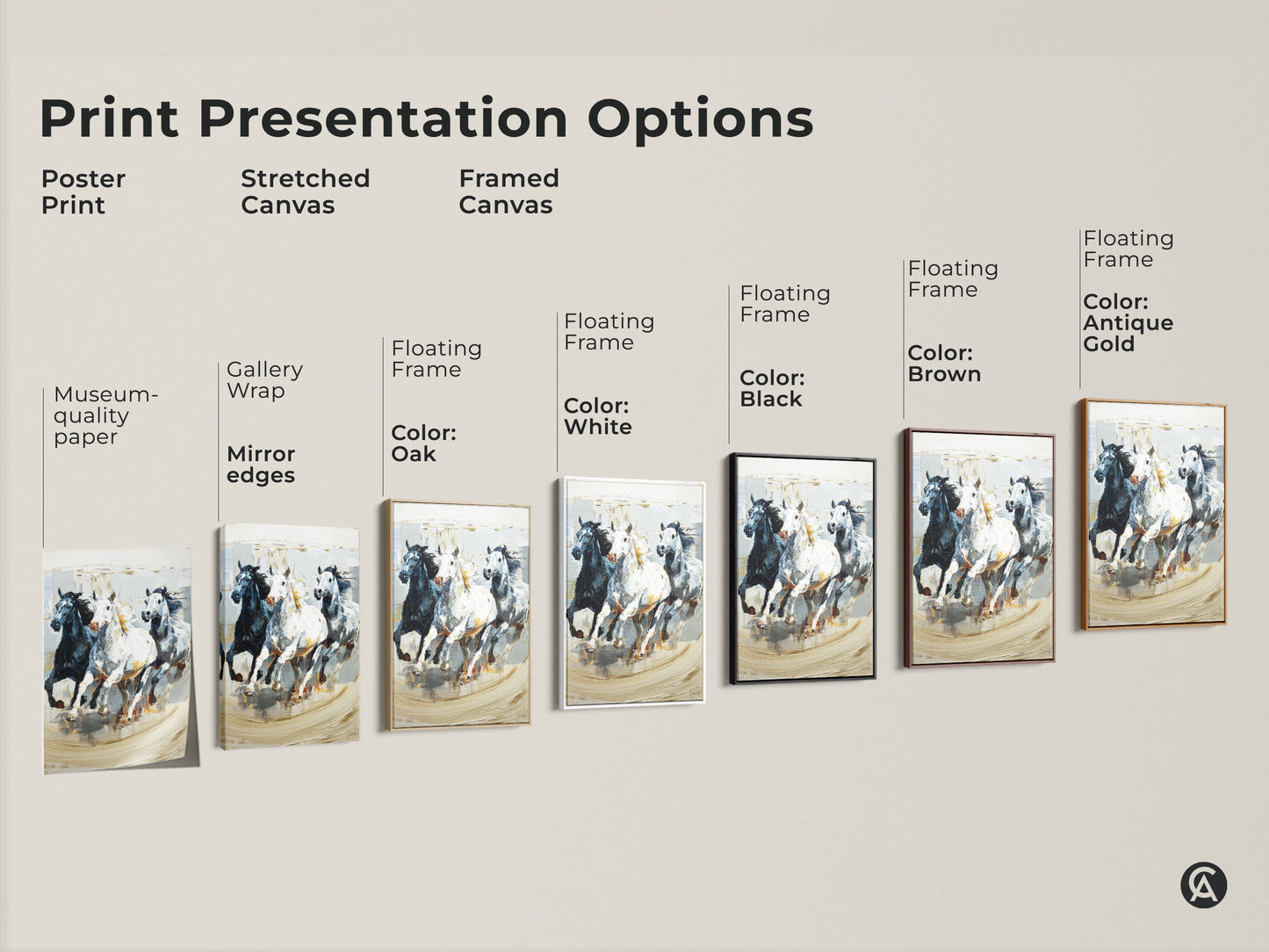 Print presentation options showcasing poster prints stretched canvas and framed canvas. Impressionistic artwork of galloping horses in black white and gray. Choose the perfect style for your eclectic home decor. This animal nature artwork brings dynamic equine art to any space. It makes a thoughtful housewarming gift.