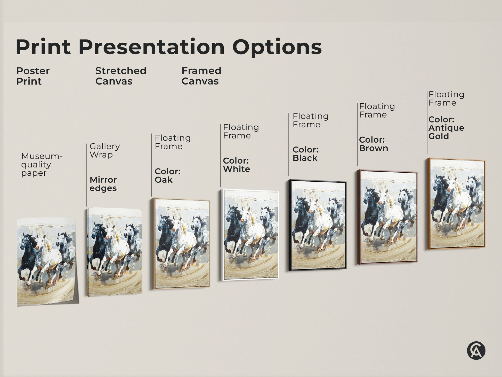 Print presentation options showcasing poster prints stretched canvas and framed canvas. Impressionistic artwork of galloping horses in black white and gray. Choose the perfect style for your eclectic home decor. This animal nature artwork brings dynamic equine art to any space. It makes a thoughtful housewarming gift.