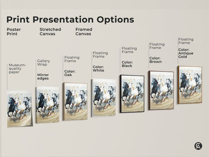 Print presentation options showcasing poster prints stretched canvas and framed canvas. Impressionistic artwork of galloping horses in black white and gray. Choose the perfect style for your eclectic home decor. This animal nature artwork brings dynamic equine art to any space. It makes a thoughtful housewarming gift.