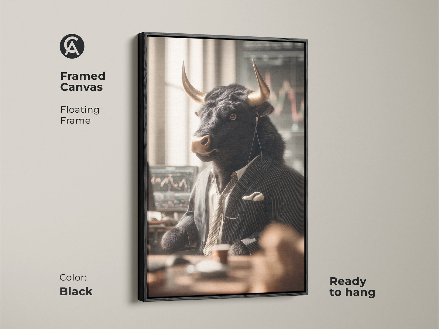 Framed canvas artwork featuring a bull as a Wall Street trader. The floating frame is black. Ready to hang this art piece. The bull is dressed in a suit and tie. Enhance your space with this unique financial art.