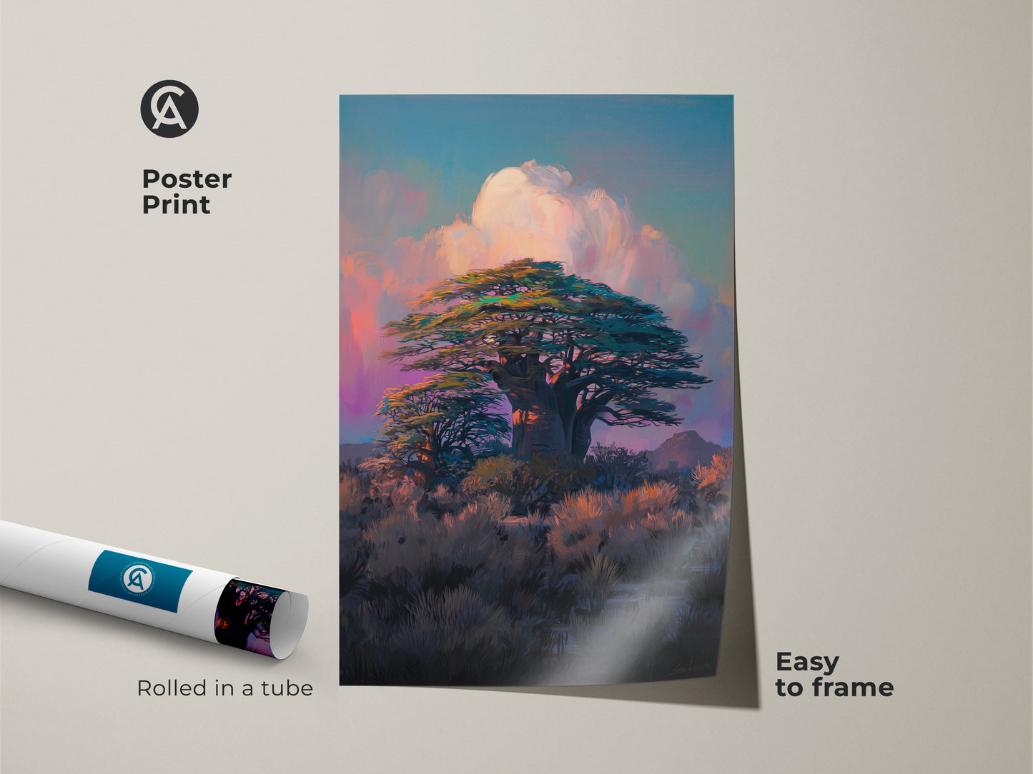 Poster print featuring a serene savanna wall hanging with a Baobab tree. The rolled canvas showcases teal and pink artwork. Easy to frame bohemian bedroom art perfect for travel themed decor.