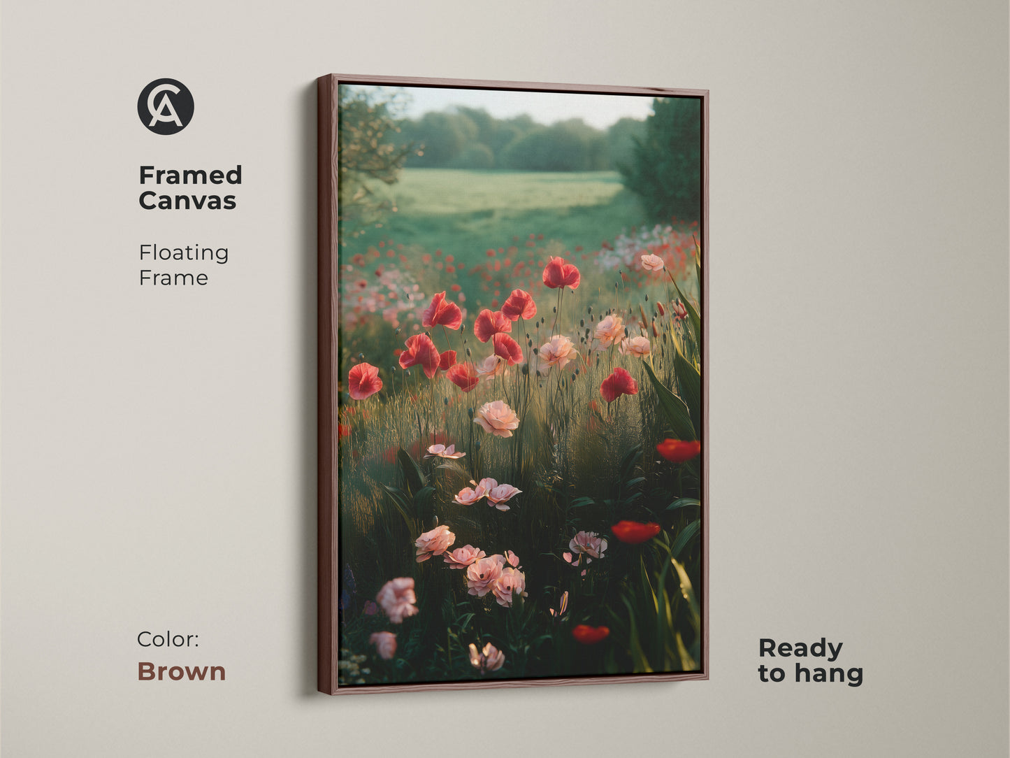 Framed canvas print with a brown floating frame displaying a poppy field. This boho bedroom decor adds a romantic touch. The impressionistic nature landscape is ready to hang. A perfect gift for plant lovers.