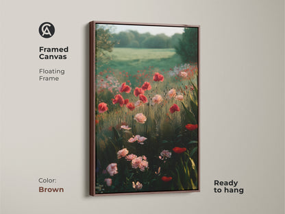 Framed canvas print with a brown floating frame displaying a poppy field. This boho bedroom decor adds a romantic touch. The impressionistic nature landscape is ready to hang. A perfect gift for plant lovers.