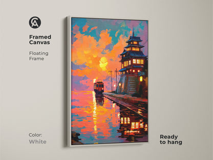 Framed canvas featuring a sunset artwork of a Japanese pagoda and train. Floating frame in white offers a clean look. Ready to hang. The orange yellow and teal hues bring eclectic decor. A unique travel gift for adding oriental art.