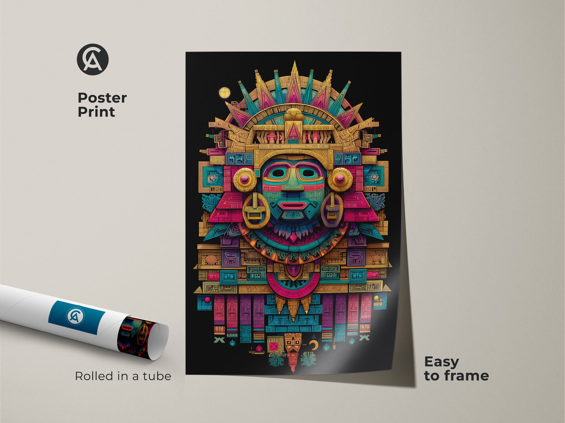 A poster print of an intricate Mayan mask is rolled in a tube. The colorful geometric art and sunburst crown make this poster a vibrant piece. Easy to frame and display in any space. Museum-quality paper ensures a long-lasting display.