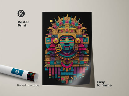 A poster print of an intricate Mayan mask is rolled in a tube. The colorful geometric art and sunburst crown make this poster a vibrant piece. Easy to frame and display in any space. Museum-quality paper ensures a long-lasting display.