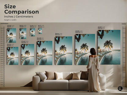 Size comparison of coastal art prints. See how the tropical palm tree artwork fits above a sofa. Available in various sizes to suit your space. Perfect for adding relaxed summer vibes to your living room decor.