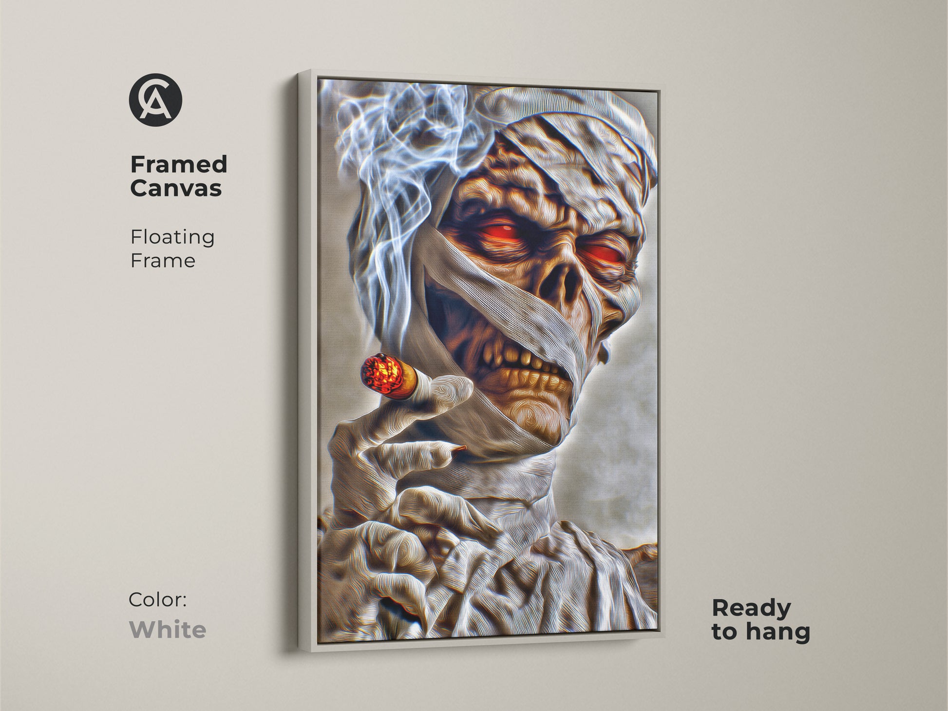 A framed canvas of a dark fantasy smoking mummy. This gothic character artwork has a floating frame in white. The mummy has glowing red eyes and smokes a cigar. It's ready to hang and perfect for Halloween.