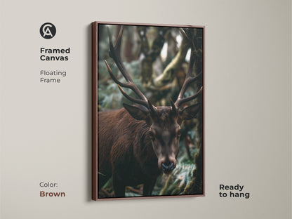 A framed canvas showcases a deer in its natural habitat. This wildlife photography art is ready to hang. The brown frame adds a rustic touch. It is ideal for earthy tone home decor. The animal portrait brings nature indoors. This artwork is a perfect housewarming gift.