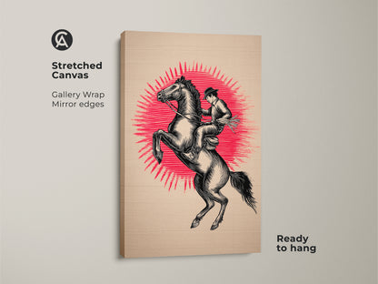 This stretched canvas is a gallery wrap with mirror edges. The rustic black beige artwork shows a cowboy riding a horse. This retro linocut art print offers vintage cowboy poster vibes. It is ready to hang for easy decor.