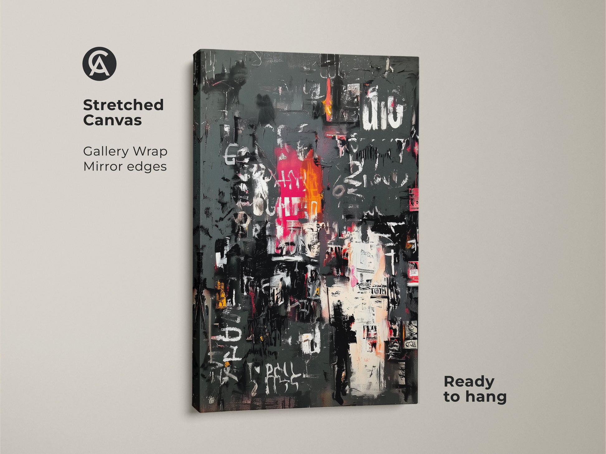 Close-up of a stretched canvas print. See the gallery wrap and mirrored edges. This abstract urban collage art is ready to hang. The bold colors bring life to any room. Add depth and style to your home.