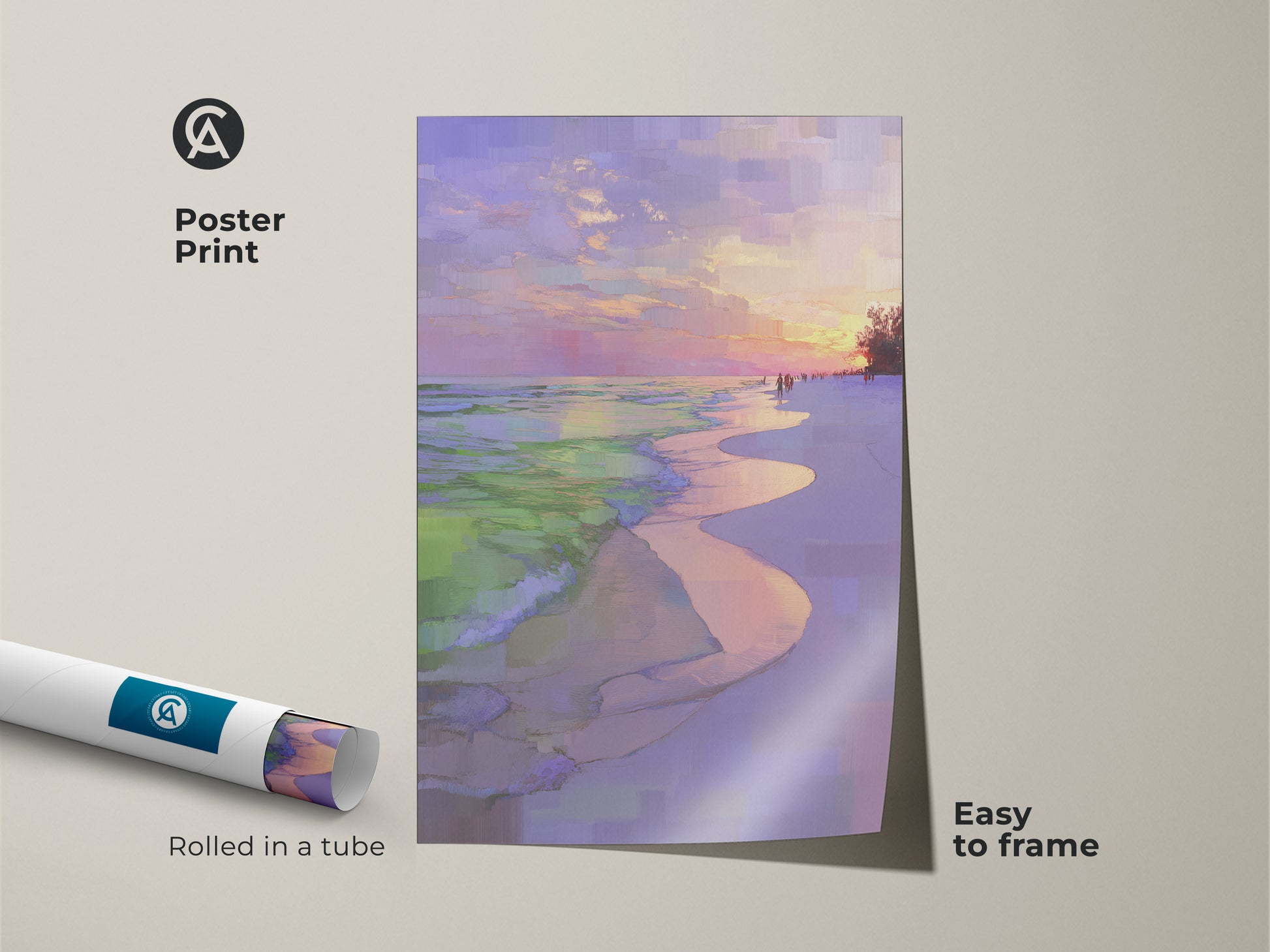 Poster print of an impressionistic beach sunset comes rolled in a tube. Coastal ocean waves wall art is easy to frame. The purple pink sky landscape adds a serene touch. Seaside home decor gift for coastal living.