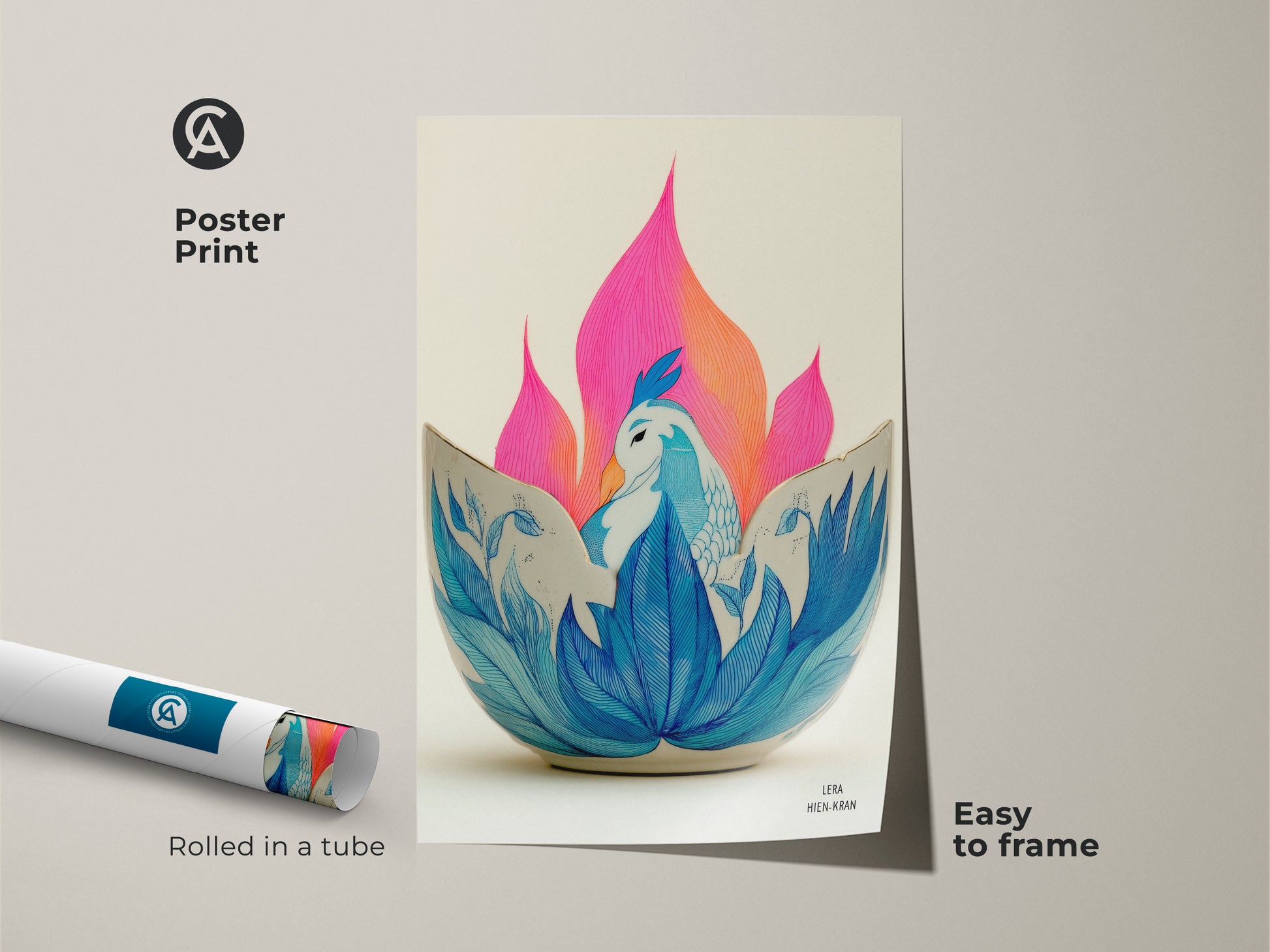 Poster Print of the Art Nouveau Phoenix. It showcases a blue teal bird with abstract folk floral decor. This unique bird artwork is easy to frame. The rolled print highlights the phoenix lotus canvas design. A modern touch for eclectic home decor.